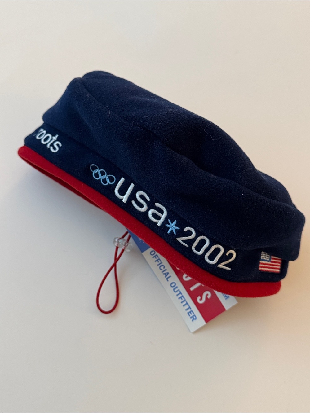 USA 2002 Olympic Navy & Red Fleece Beret Hat Roots Salt Lake City Winter